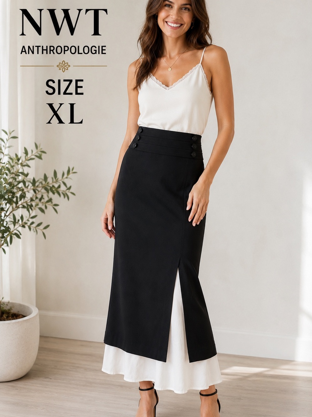 NWT Anthropologie Black Button Waist Lined Midi Pencil Skirt XL
